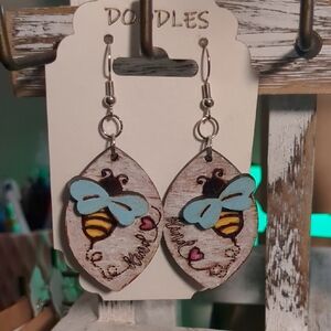 Hand-Painted Bee Themed Earrings with Heart Accents